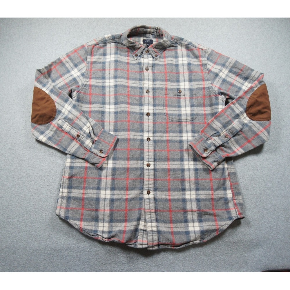 JCrew Shirt Mens Large Gray Button Up Flannel Elbow Patch Heavy Rugged